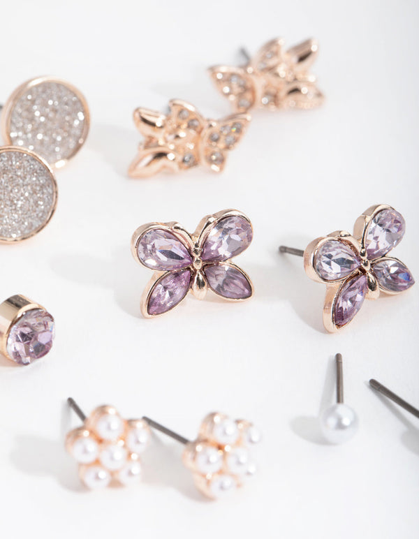Kids Rose Gold Butterfly and Diamante 6-Pack Earring