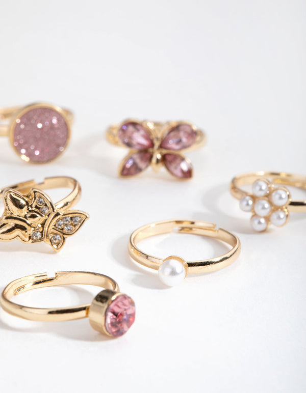 Kids Gold Butterfly and Diamante 6-Pack Rings