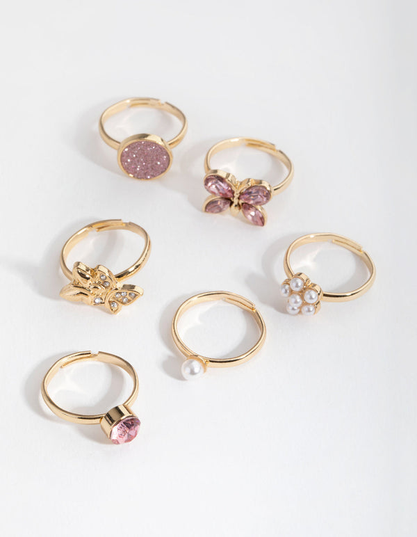 Kids Gold Butterfly and Diamante 6-Pack Rings