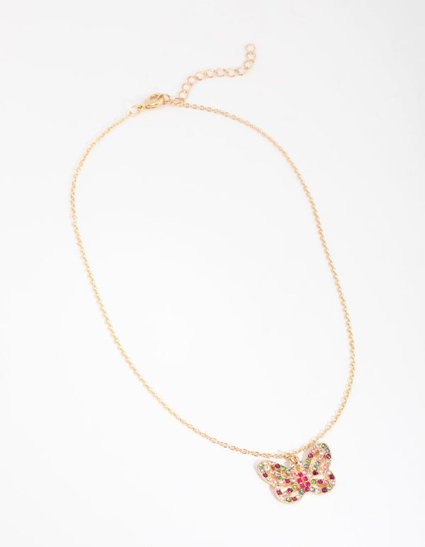 Gold Rainbow Diamante Butterfly Necklace