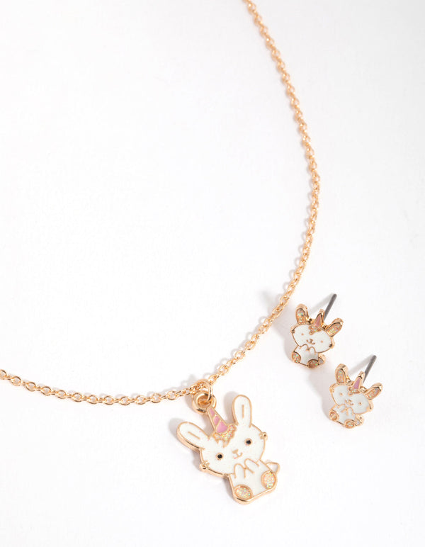 Kids Gold Bunny Necklace and Earrings Set