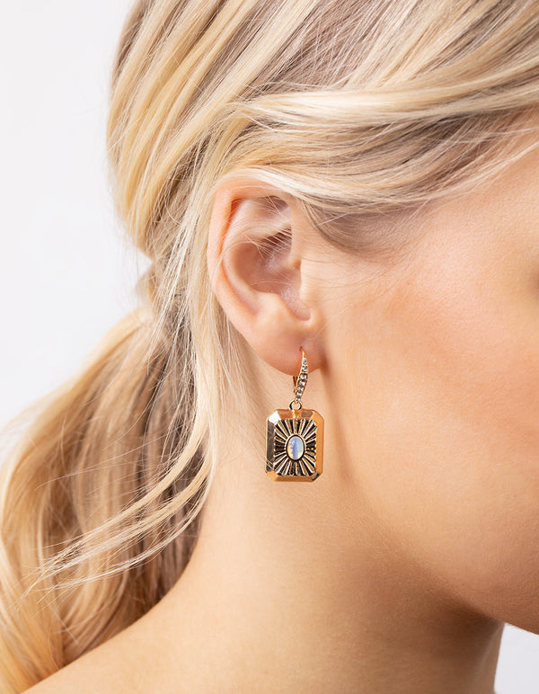 Gold Rectangle Drop Huggie Earrings