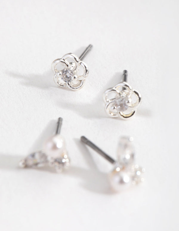 Silver Pretty Flower and Pearl Earrings