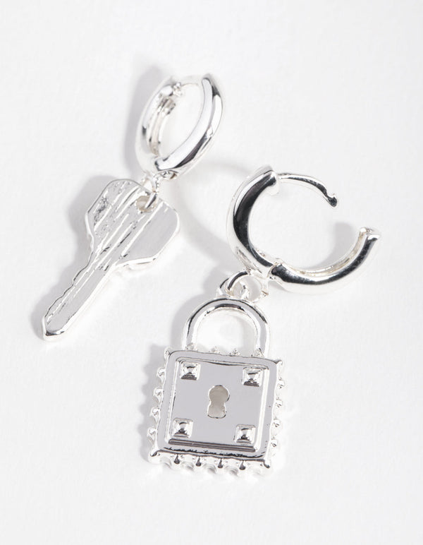 Silver Lock and Key Huggie Earrings