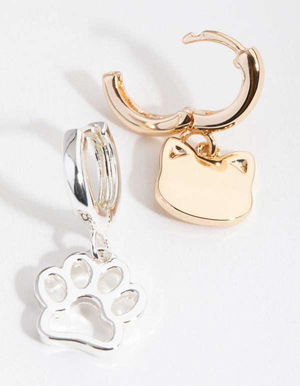 Mixed Metal Cat and Paw Huggie Earrings