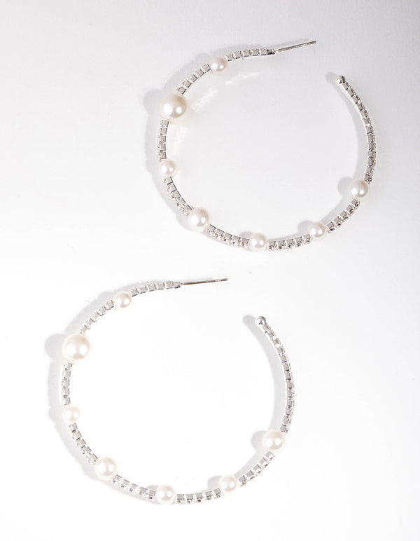 Silver Pearl and Diamante Hoop Earrings