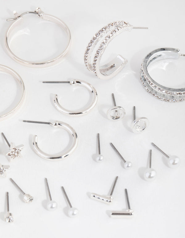 Silver Star Stud and Hoop 16-Pack Earring