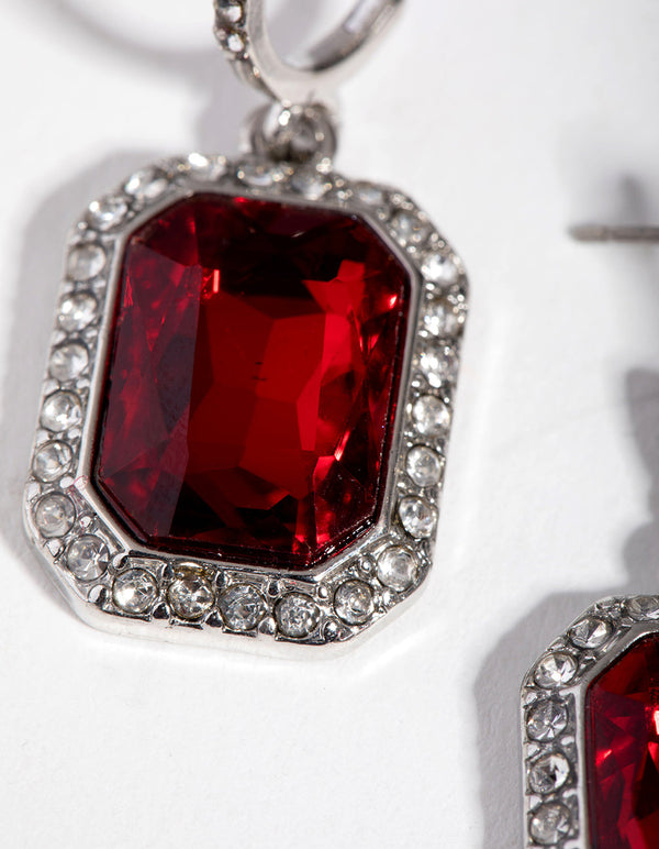 Rhodium Ruby Huggie Earrings