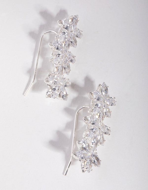 Silver Cubic Zirconia Flower Crawler Earrings