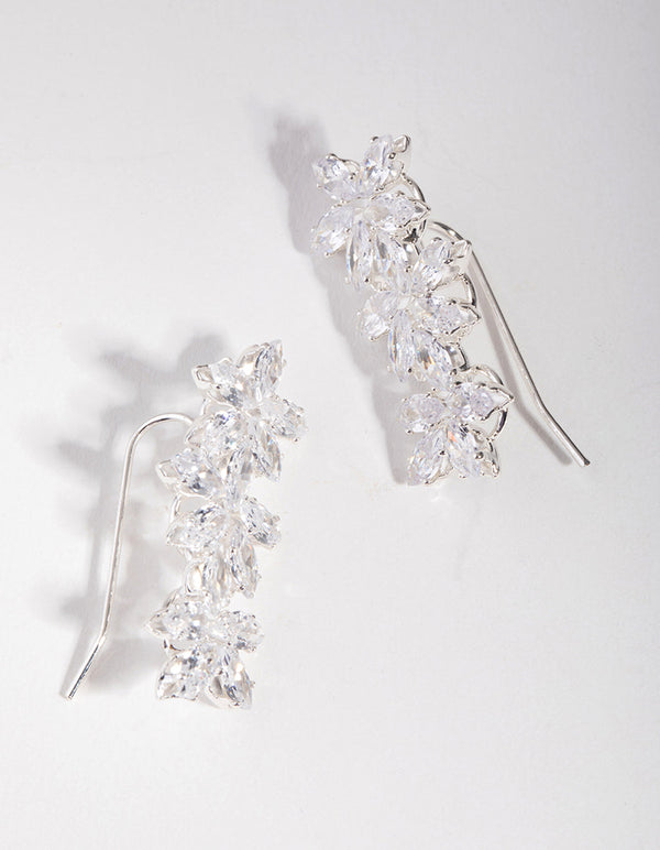 Silver Cubic Zirconia Flower Crawler Earrings