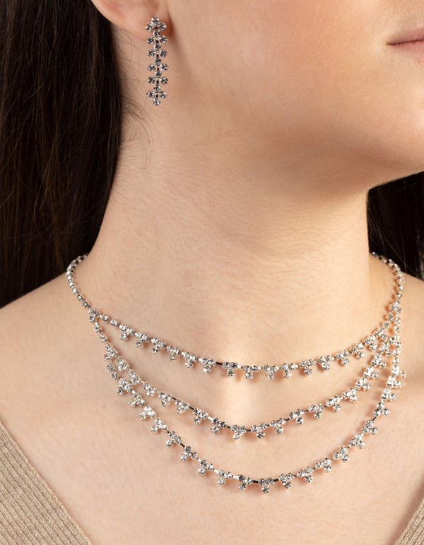 Silver Trio Diamante Earring and Necklace Set