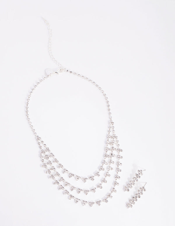 Silver Trio Diamante Earring and Necklace Set