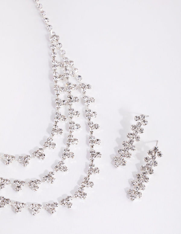 Silver Trio Diamante Earring and Necklace Set