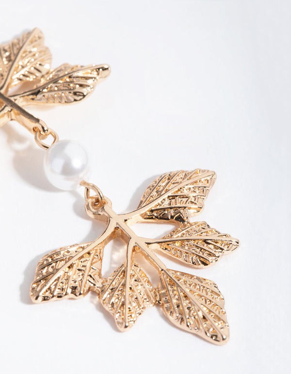 Gold Pearl Foil Leaf Drop Earrings