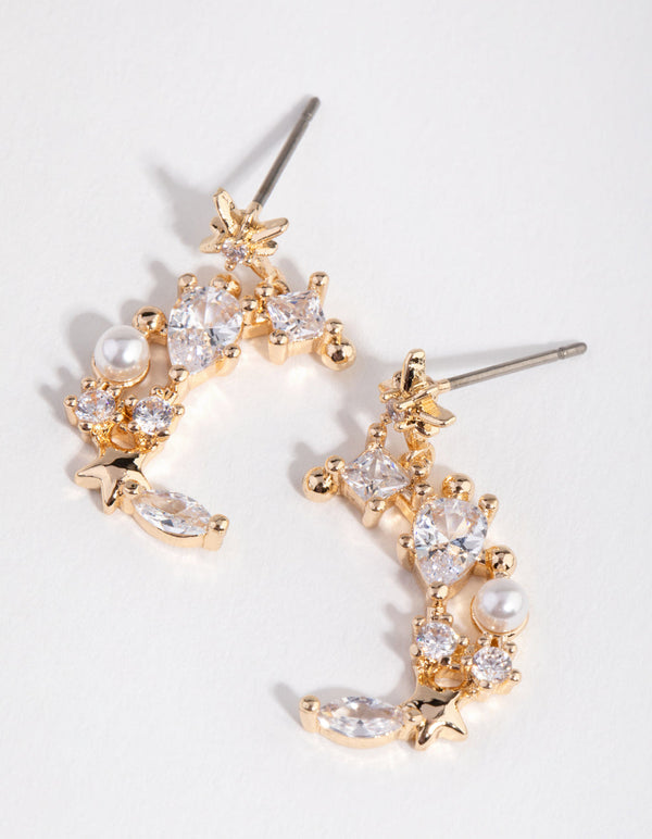 Gold Cubic Zirconia Mixed Stone Moon Drop Earrings