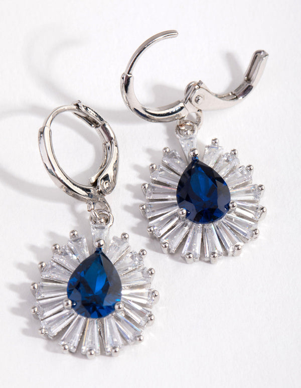 Rhodium Pear Stone Huggie Earrings