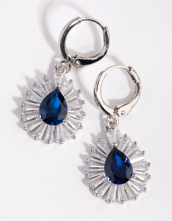 Rhodium Pear Stone Huggie Earrings