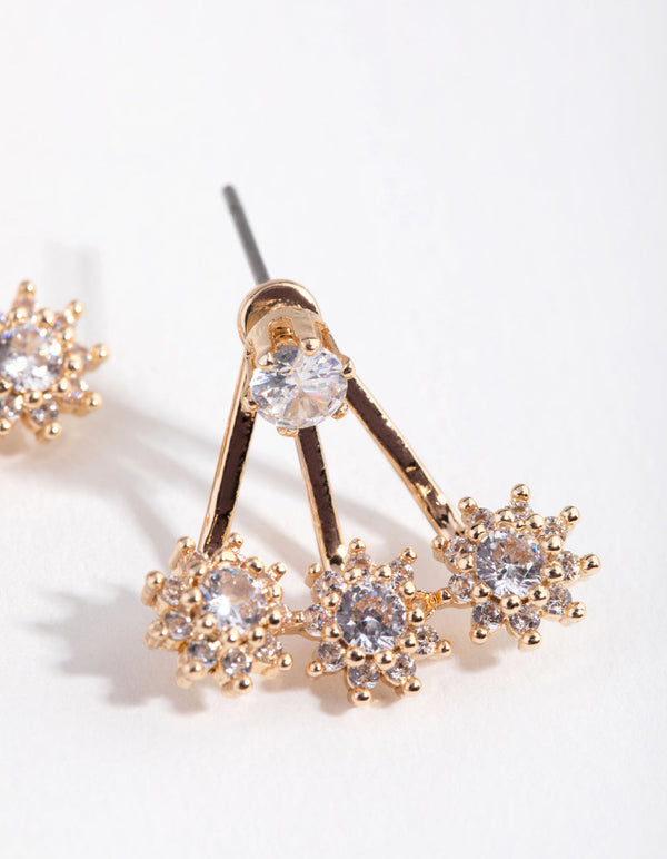 Gold Cubic Zirconia Three Prong Jacket Earrings