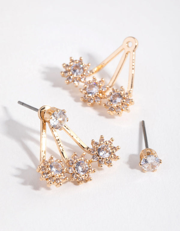 Gold Cubic Zirconia Three Prong Jacket Earrings