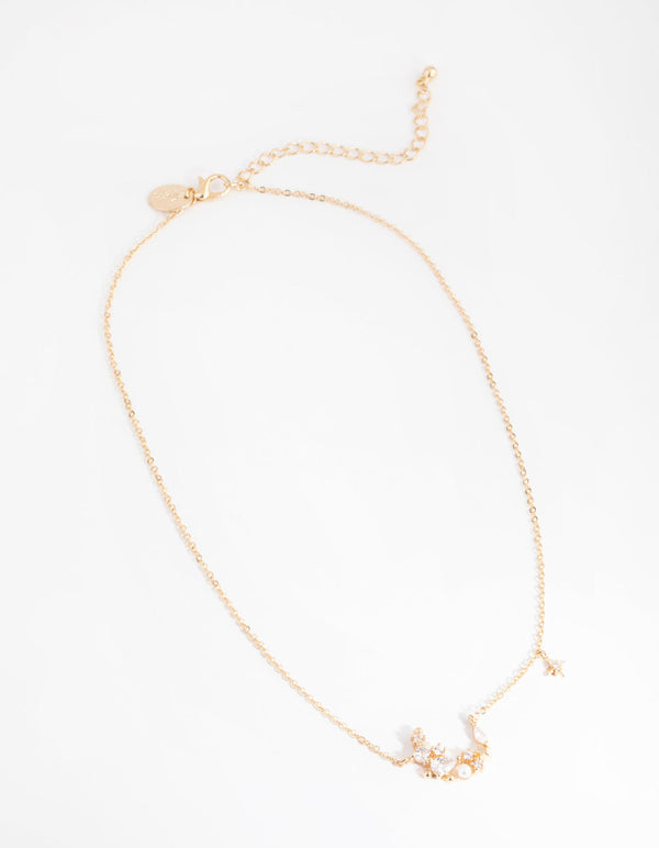 Gold Cubic Zirconia Mixed Stone Moon Necklace