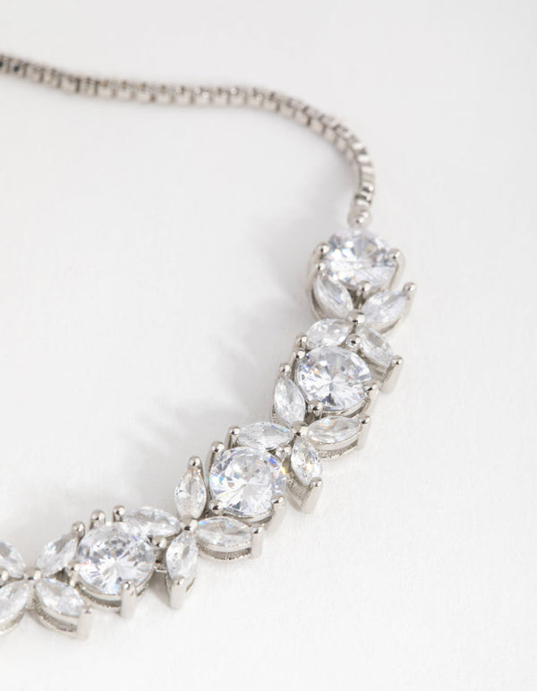 Rhodium Cubic Zirconia Navette Flower Toggle Bracelet