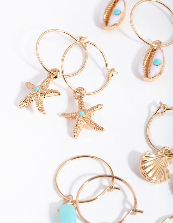 Gold Sea Charm Hoop 6-Pack Earring