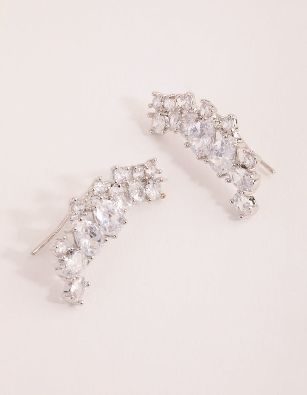 Rhodium Diamond Simulant Statement Ear Crawler Earrings
