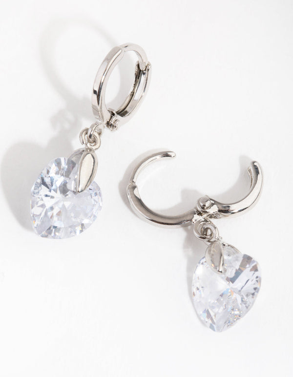Rhodium Diamond Simulant Heart Huggie Earrings