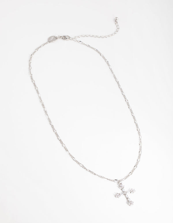 Rhodium Diamond Simulant Decorated Cross Necklace