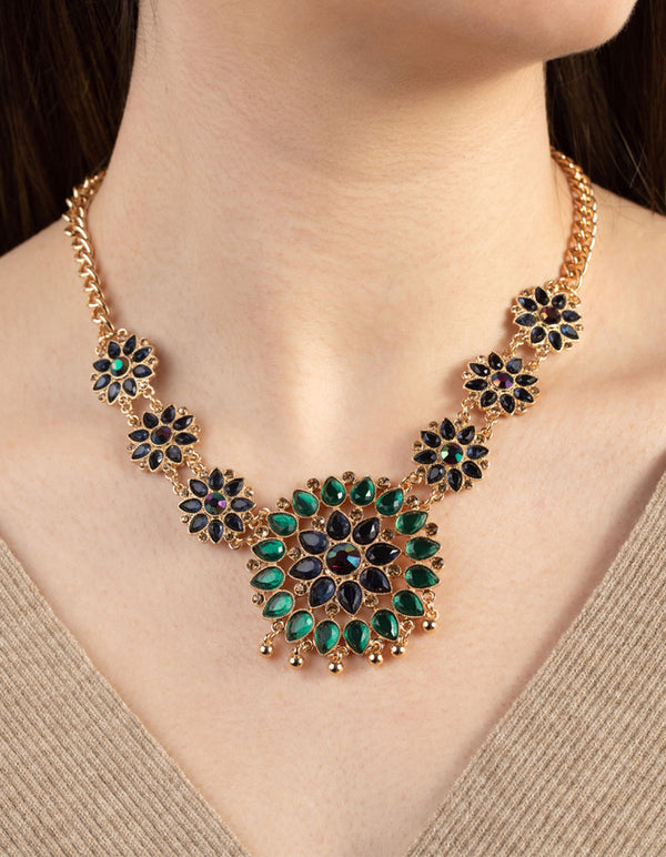 Gold Multi Flower Jewel Necklace