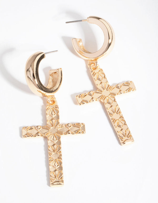 Gold Etched Cross Hoop Earrings