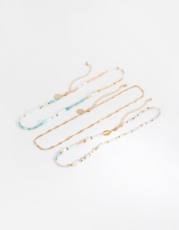 Gold Bead and Pearl 3-Pack Choker Necklace