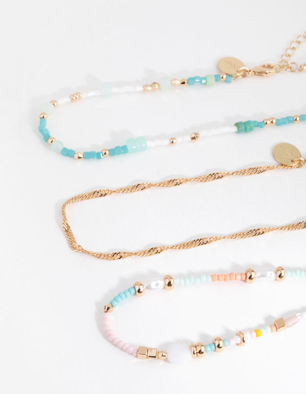Gold Bead and Pearl 3-Pack Choker Necklace