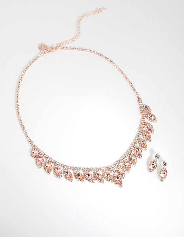 Rose Gold Marquise Droplet Necklace and Earrings Set