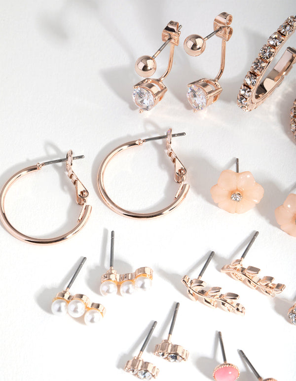 Rose Gold Flower and Pearl 16-Pack Earring