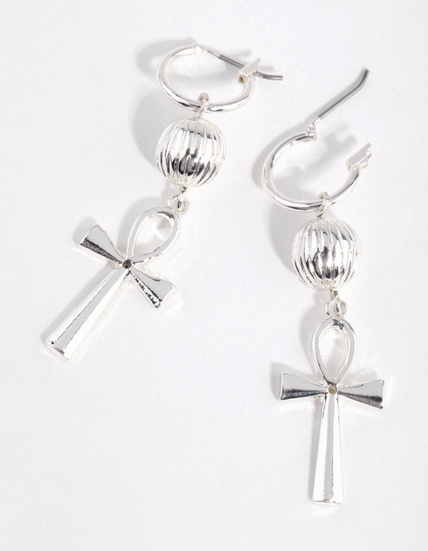 Silver Key of the Nile Cross Hoop Earrings