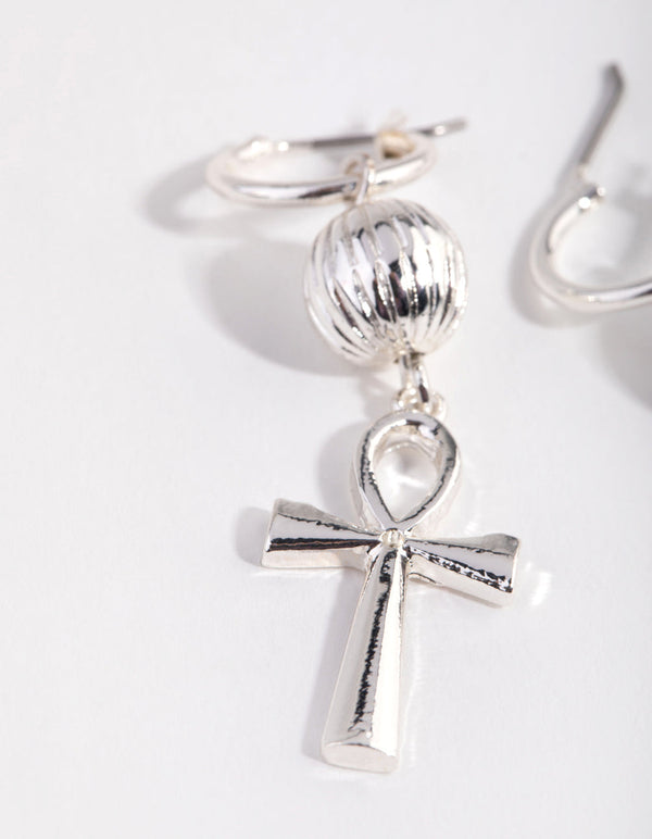 Silver Key of the Nile Cross Hoop Earrings