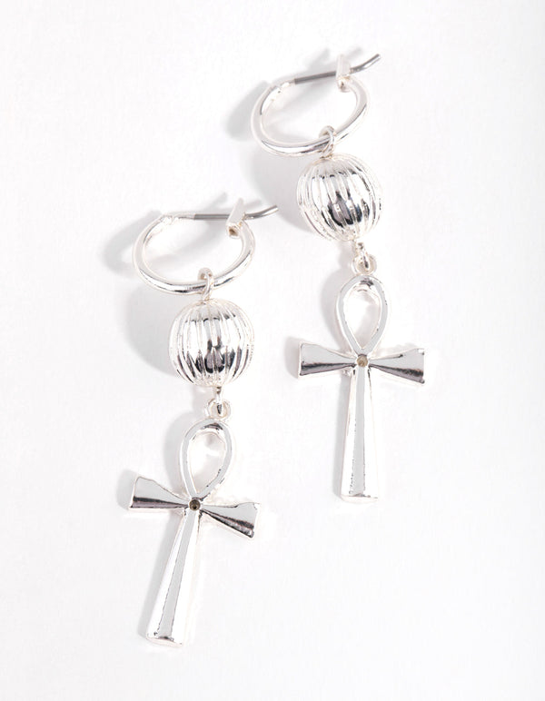Silver Key of the Nile Cross Hoop Earrings