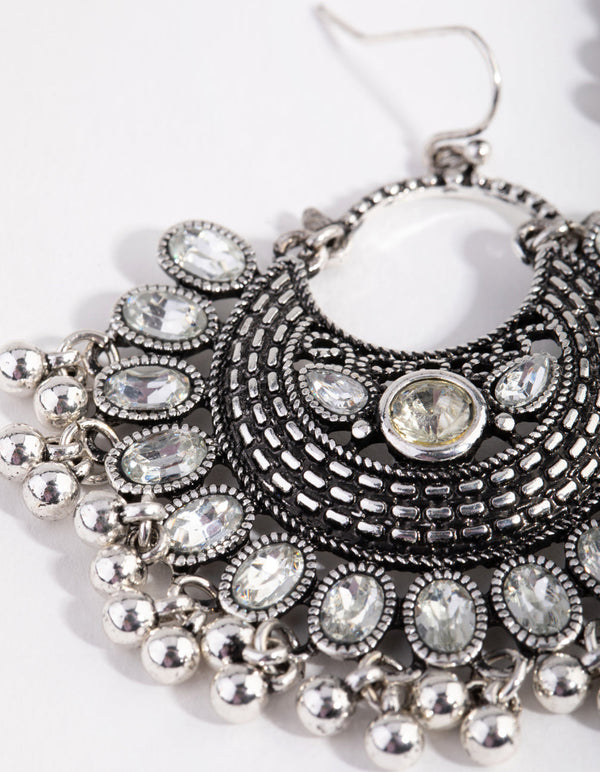 Antique Silver Statement Diamante Fan Drop Earrings