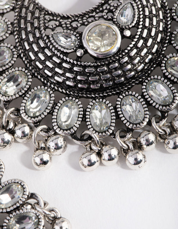 Antique Silver Statement Diamante Fan Drop Earrings
