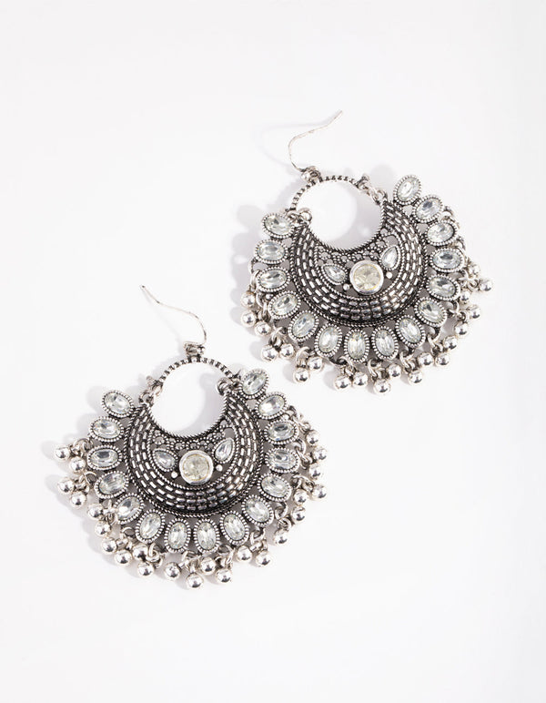 Antique Silver Statement Diamante Fan Drop Earrings