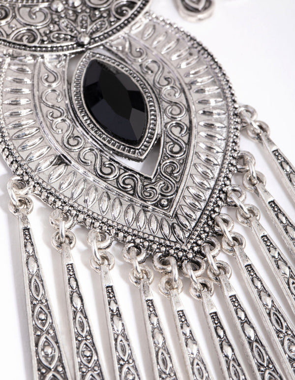 Antique Silver Metal Tassel and Diamante Necklace