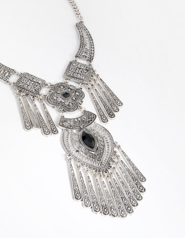 Antique Silver Metal Tassel and Diamante Necklace
