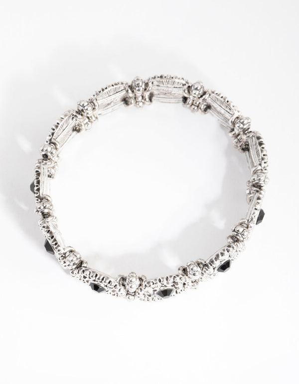 Antique Silver Etched Stone Stretch Bracelet