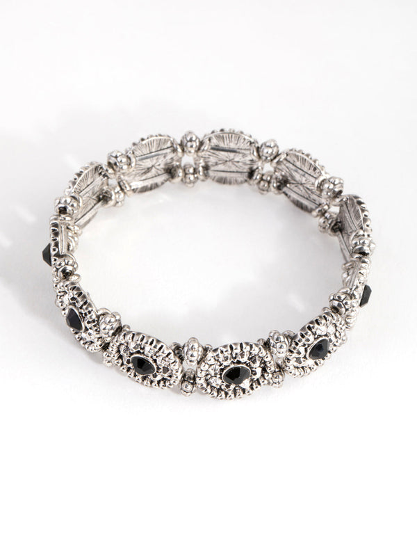 Antique Silver Etched Stone Stretch Bracelet