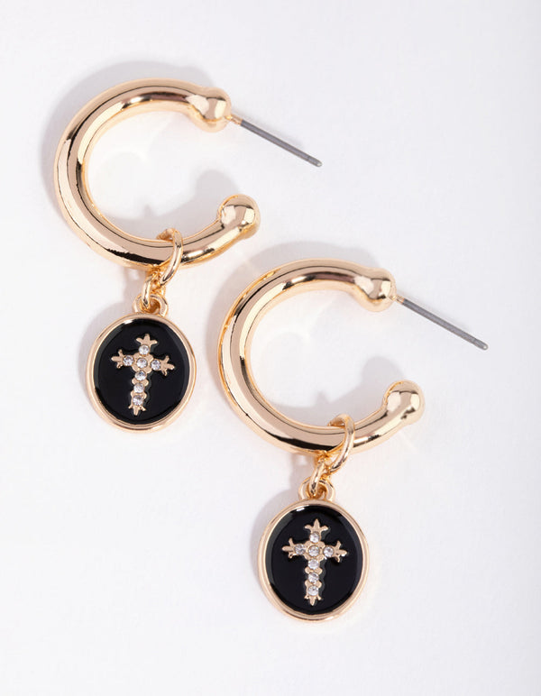 Gold Cross Disc Huggie Earrings