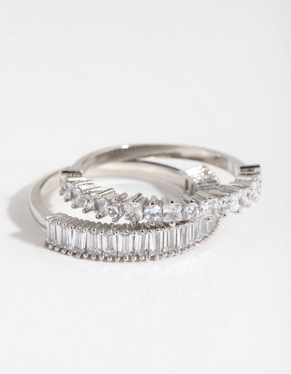 Rhodium Rectangle and Square Stone 2-Pack Rings