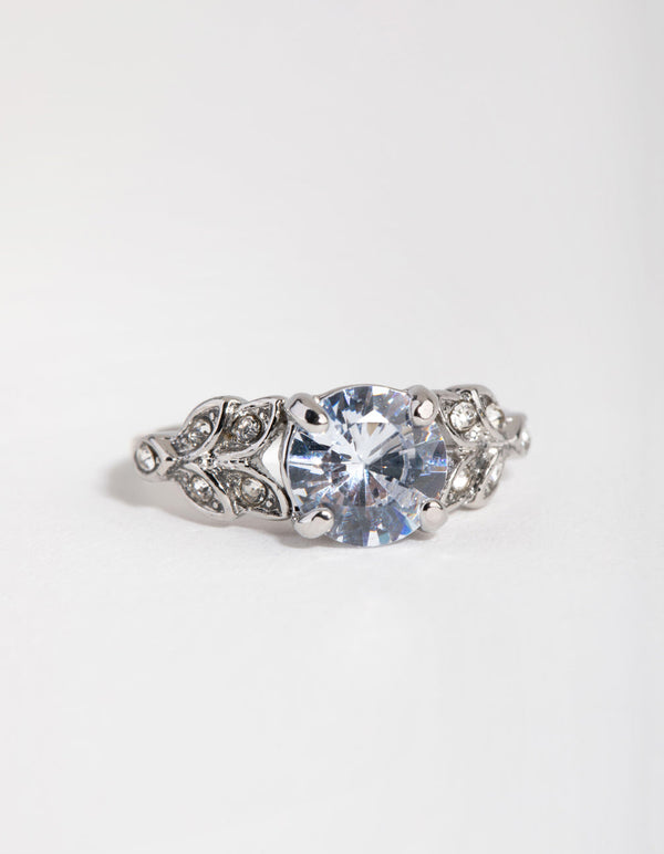 Rhodium Round Stone and Leaf Cubic Zirconia Ring