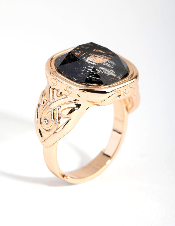 Gold Black Marble Stone Ring
