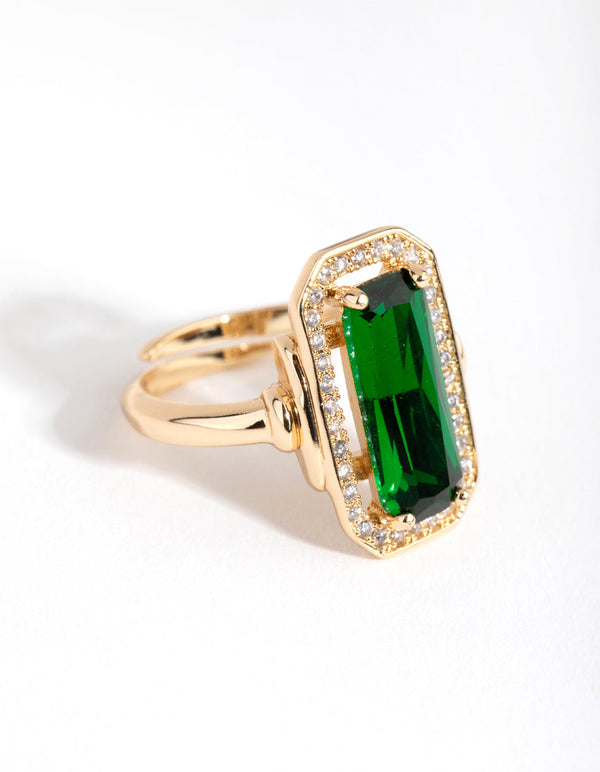 Gold Green Rectangle Cocktail Ring